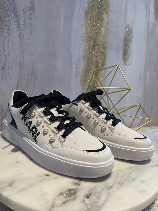Karl Lagerfeld Shoes - Karl Lagerfeld White and Black Pearl-Trim Sneakers